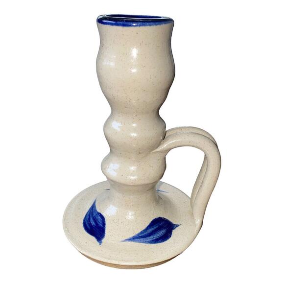 Williamsburg Pottery Candlestick Holder Salt Glazed Cobalt Blue Leaf Gray - Picture 2 of 9